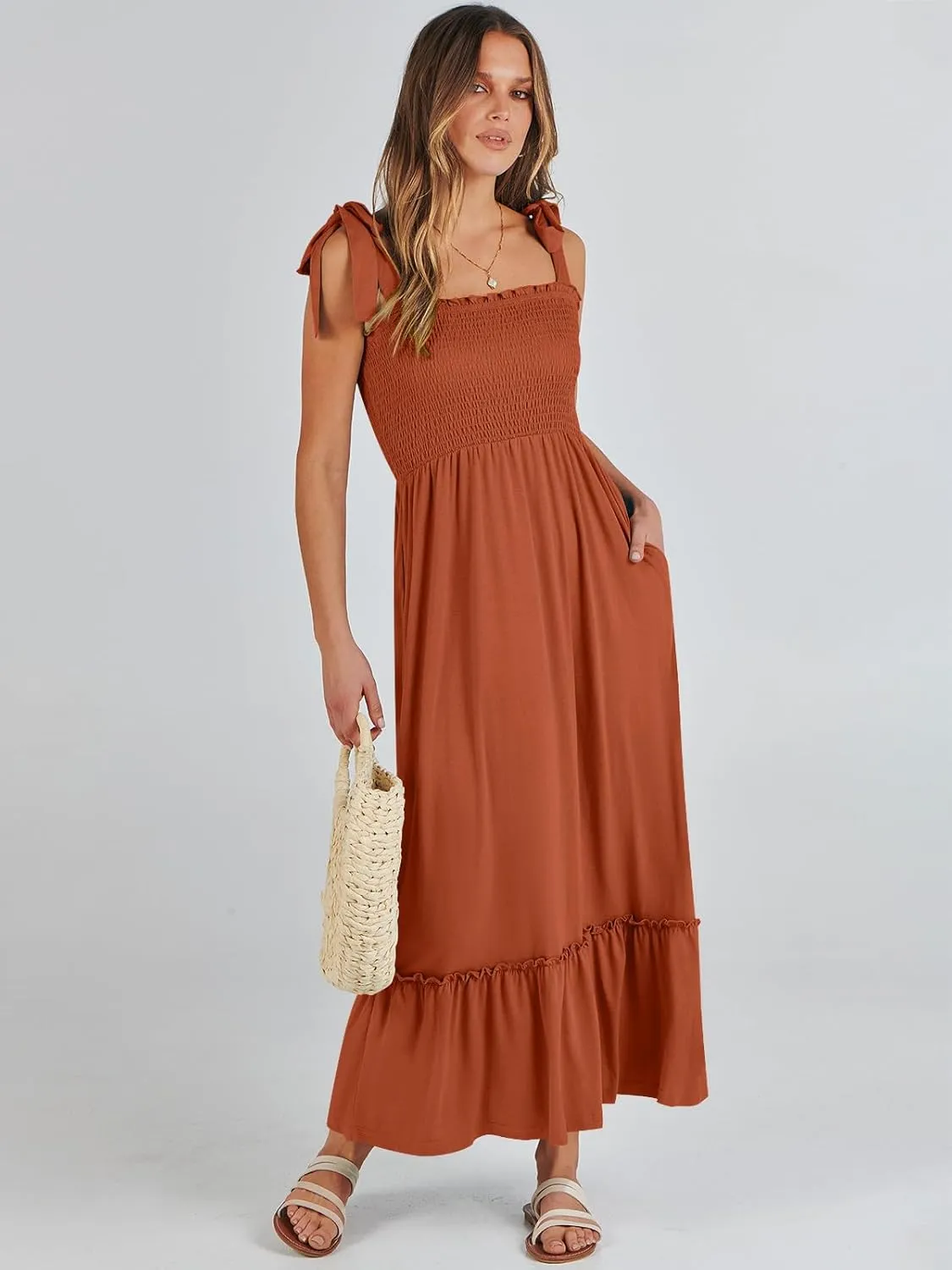 ANRABESS Women Summer Casual Strap Smocked Maxi Flowy Tiered A Line Beach Travel Sundress Wedding Guest Outfits