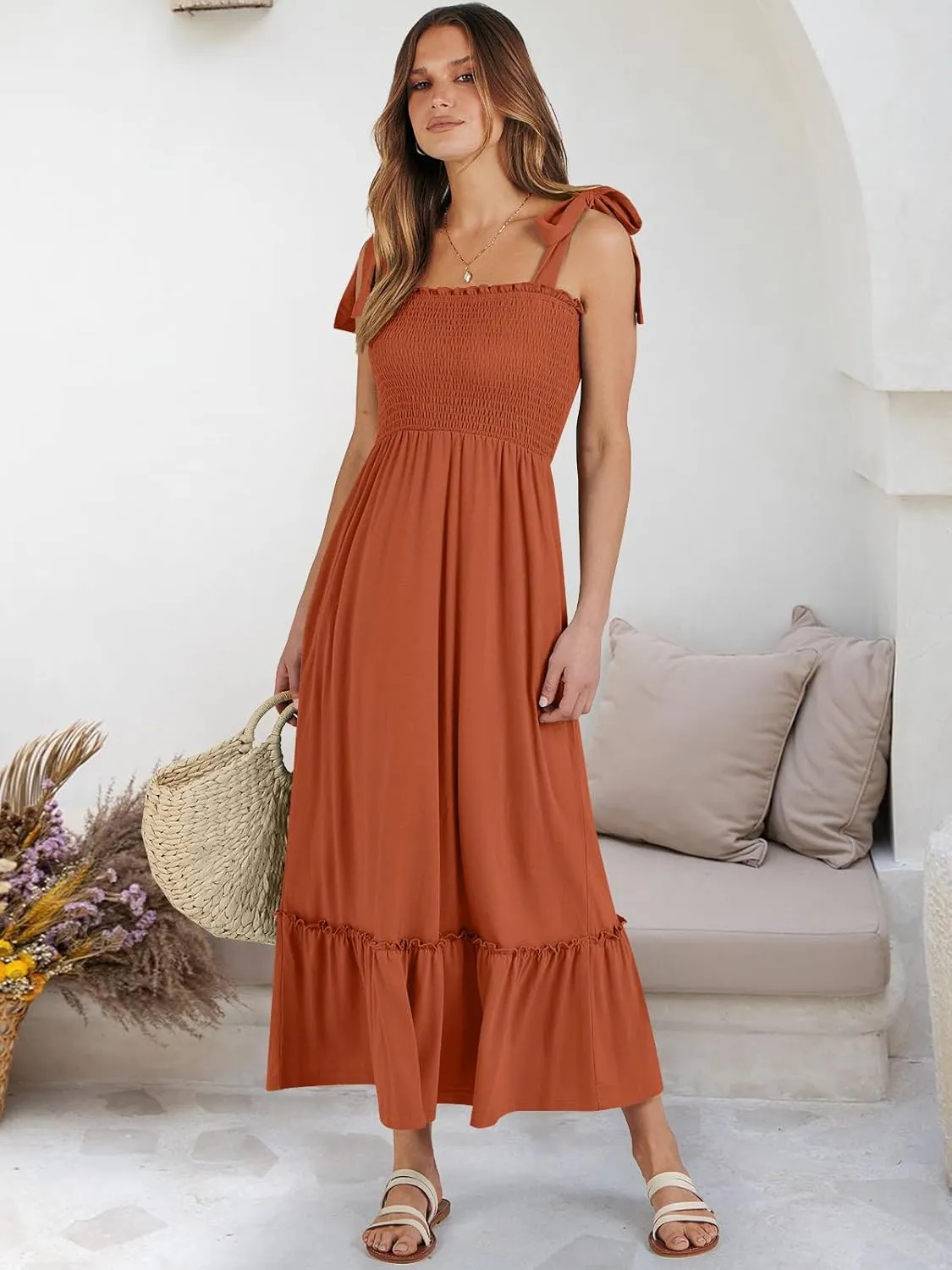 ANRABESS Women Summer Casual Strap Smocked Maxi Flowy Tiered A Line Beach Travel Sundress Wedding Guest Outfits