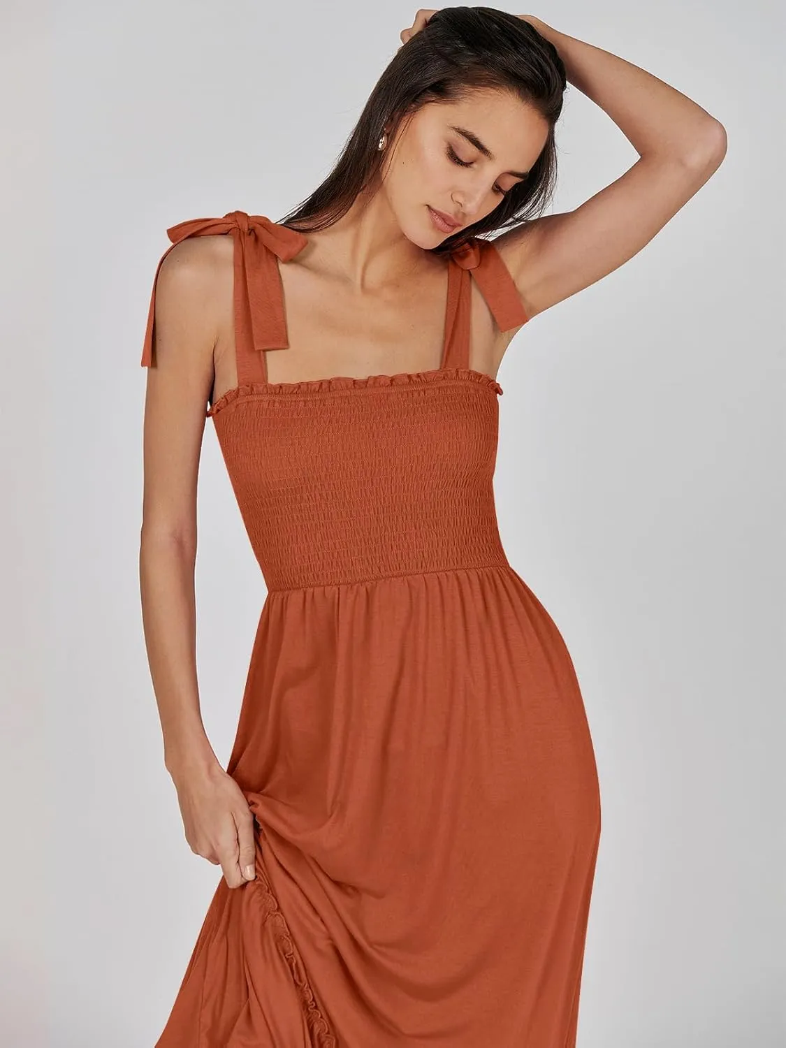 ANRABESS Women Summer Casual Strap Smocked Maxi Flowy Tiered A Line Beach Travel Sundress Wedding Guest Outfits