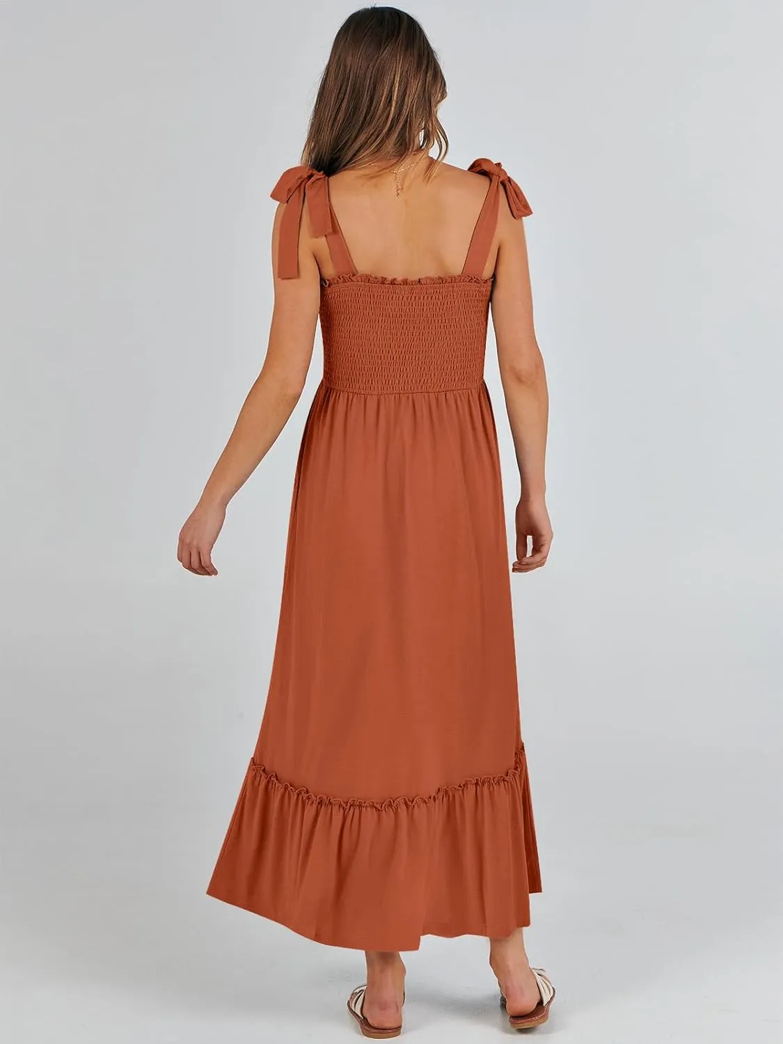 ANRABESS Women Summer Casual Strap Smocked Maxi Flowy Tiered A Line Beach Travel Sundress Wedding Guest Outfits