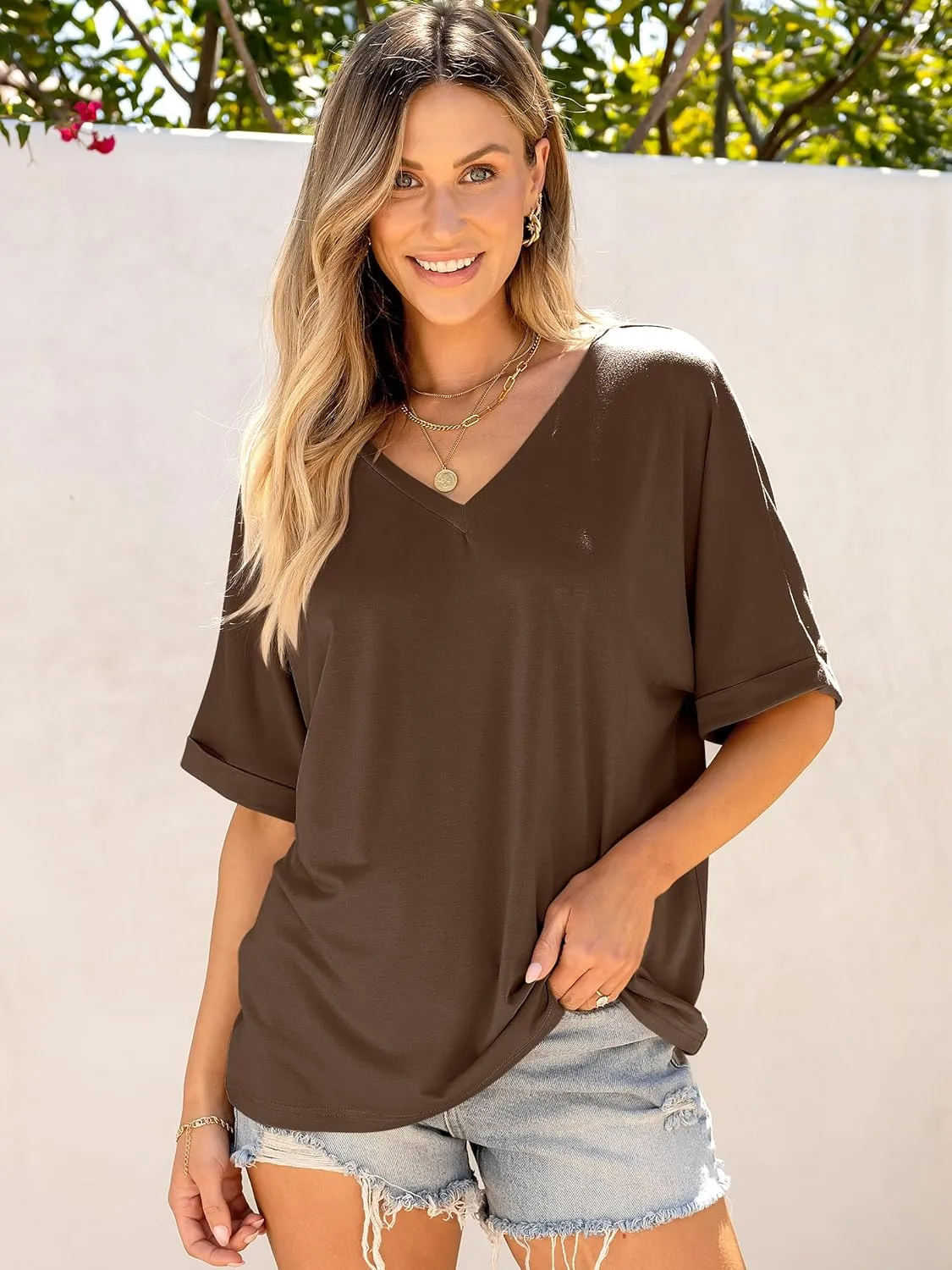 ANRABESS Women's Oversized T Shirts Short Sleeve V Neck Summer Tops Casual Loose Basic Plain Tee Shirts 2025 Clothes Outfits