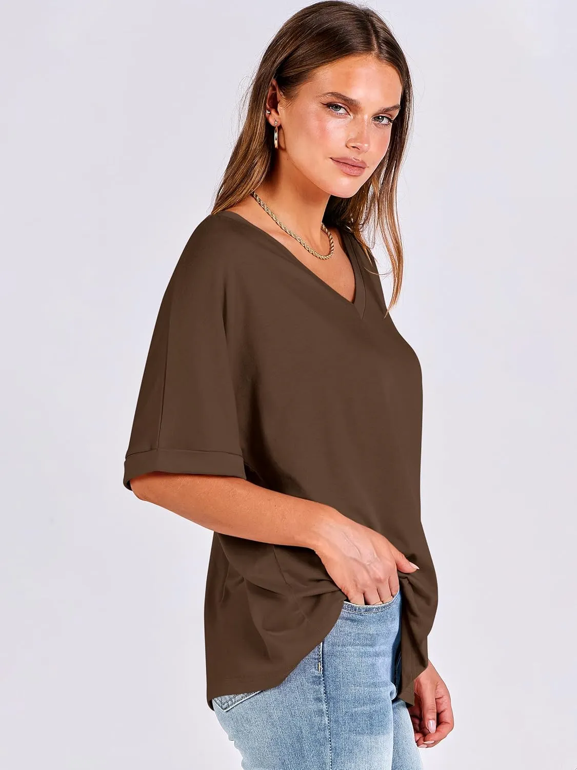 ANRABESS Women's Oversized T Shirts Short Sleeve V Neck Summer Tops Casual Loose Basic Plain Tee Shirts 2025 Clothes Outfits