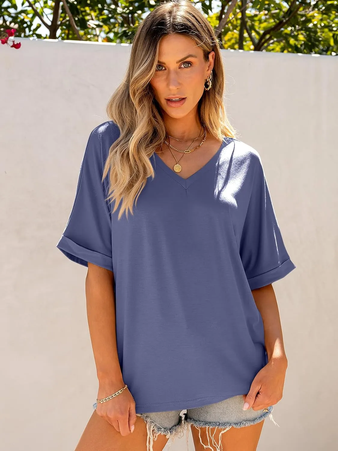 ANRABESS Women's Oversized T Shirts Short Sleeve V Neck Summer Tops Casual Loose Basic Plain Tee Shirts 2025 Clothes Outfits