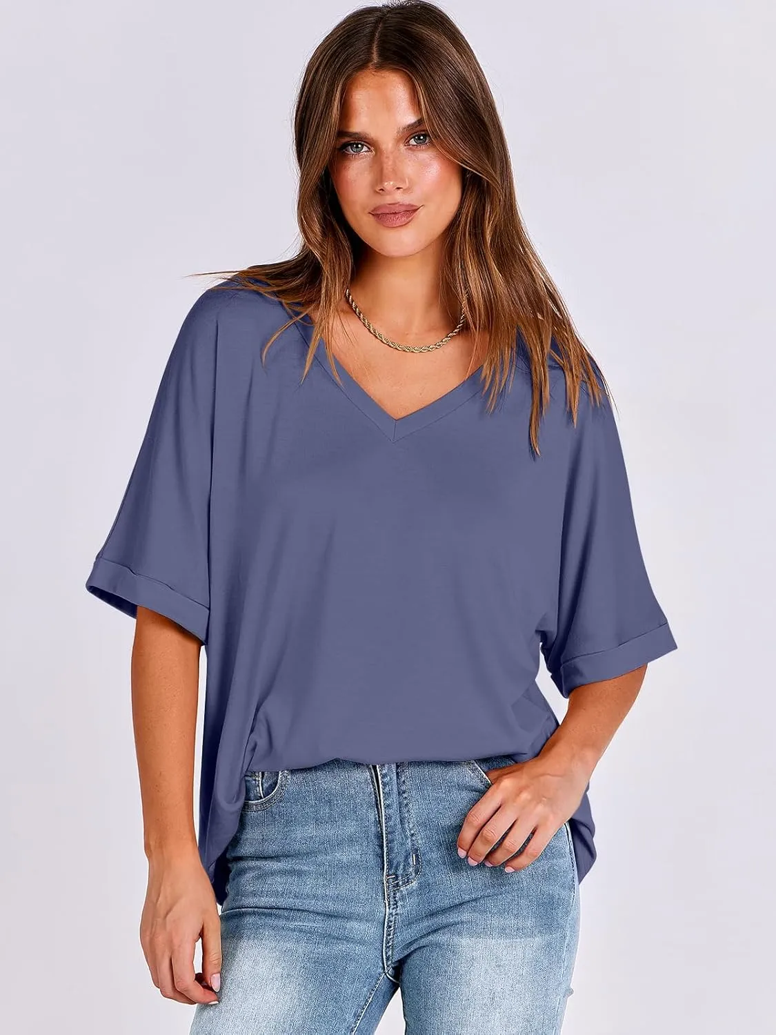 ANRABESS Women's Oversized T Shirts Short Sleeve V Neck Summer Tops Casual Loose Basic Plain Tee Shirts 2025 Clothes Outfits