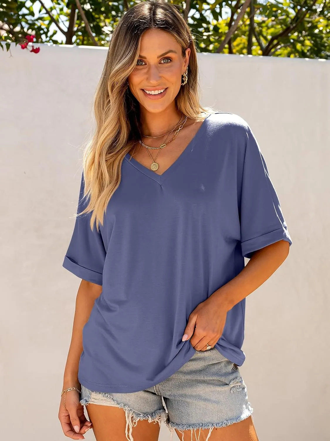 ANRABESS Women's Oversized T Shirts Short Sleeve V Neck Summer Tops Casual Loose Basic Plain Tee Shirts 2025 Clothes Outfits