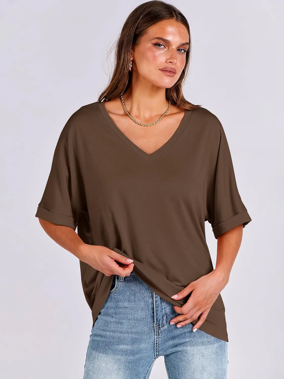 ANRABESS Women's Oversized T Shirts Short Sleeve V Neck Summer Tops Casual Loose Basic Plain Tee Shirts 2025 Clothes Outfits