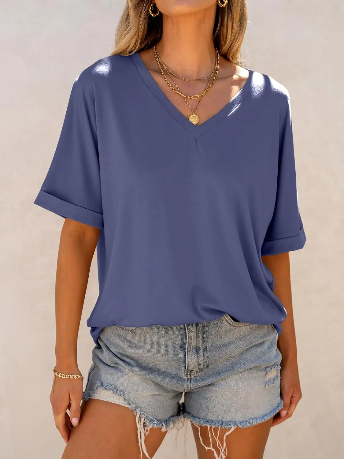 ANRABESS Women's Oversized T Shirts Short Sleeve V Neck Summer Tops Casual Loose Basic Plain Tee Shirts 2025 Clothes Outfits