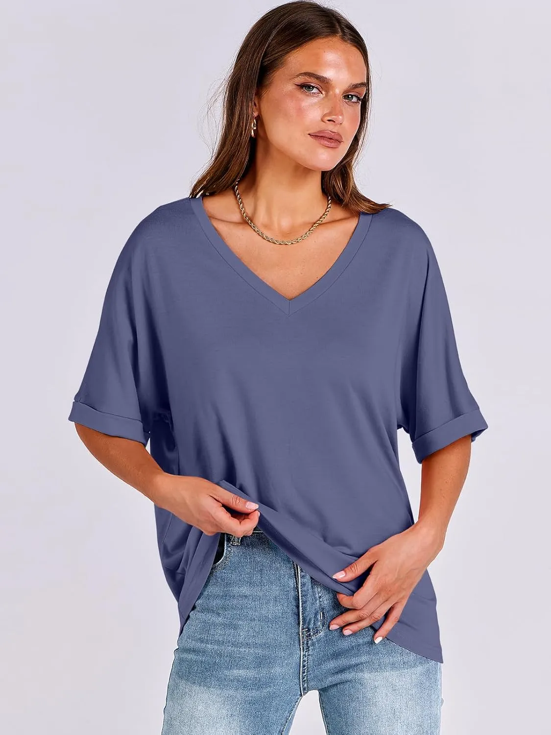 ANRABESS Women's Oversized T Shirts Short Sleeve V Neck Summer Tops Casual Loose Basic Plain Tee Shirts 2025 Clothes Outfits