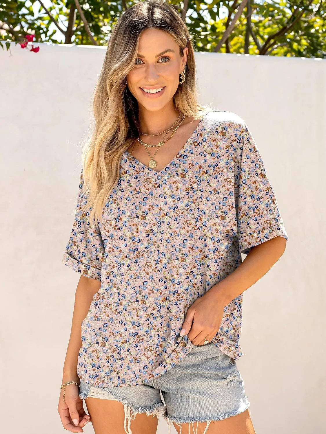 ANRABESS Women's Oversized T Shirts Short Sleeve V Neck Summer Tops Casual Loose Basic Plain Tee Shirts 2025 Clothes Outfits