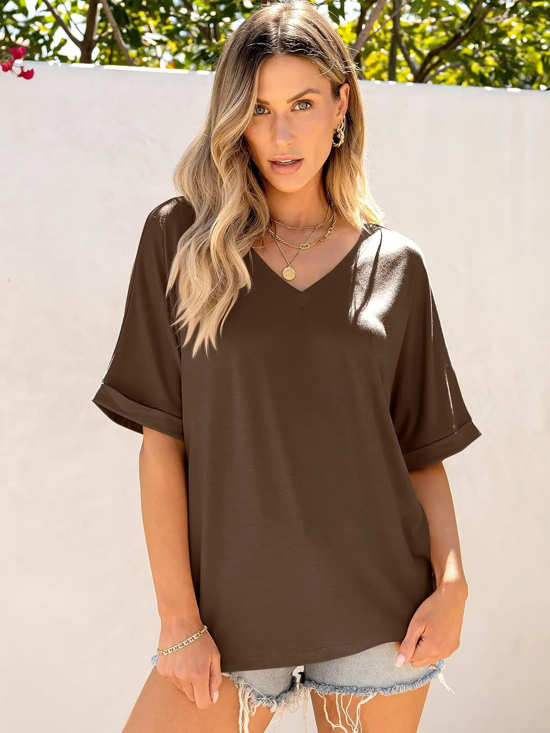 ANRABESS Women's Oversized T Shirts Short Sleeve V Neck Summer Tops Casual Loose Basic Plain Tee Shirts 2025 Clothes Outfits