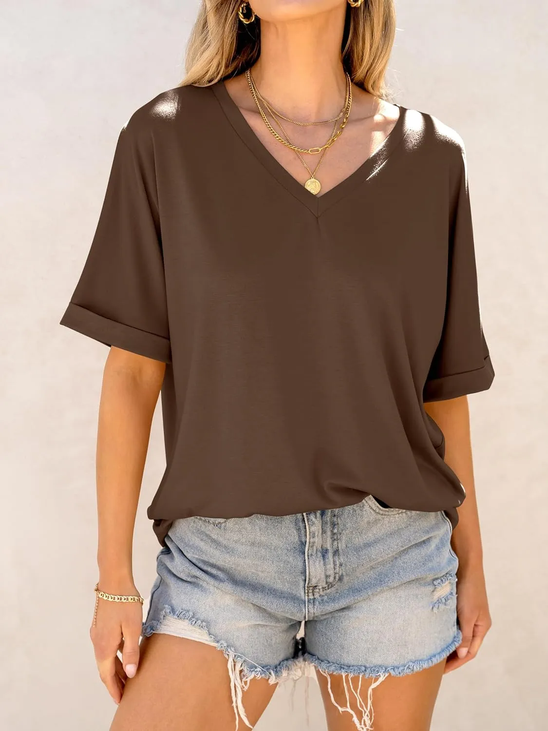 ANRABESS Women's Oversized T Shirts Short Sleeve V Neck Summer Tops Casual Loose Basic Plain Tee Shirts 2025 Clothes Outfits