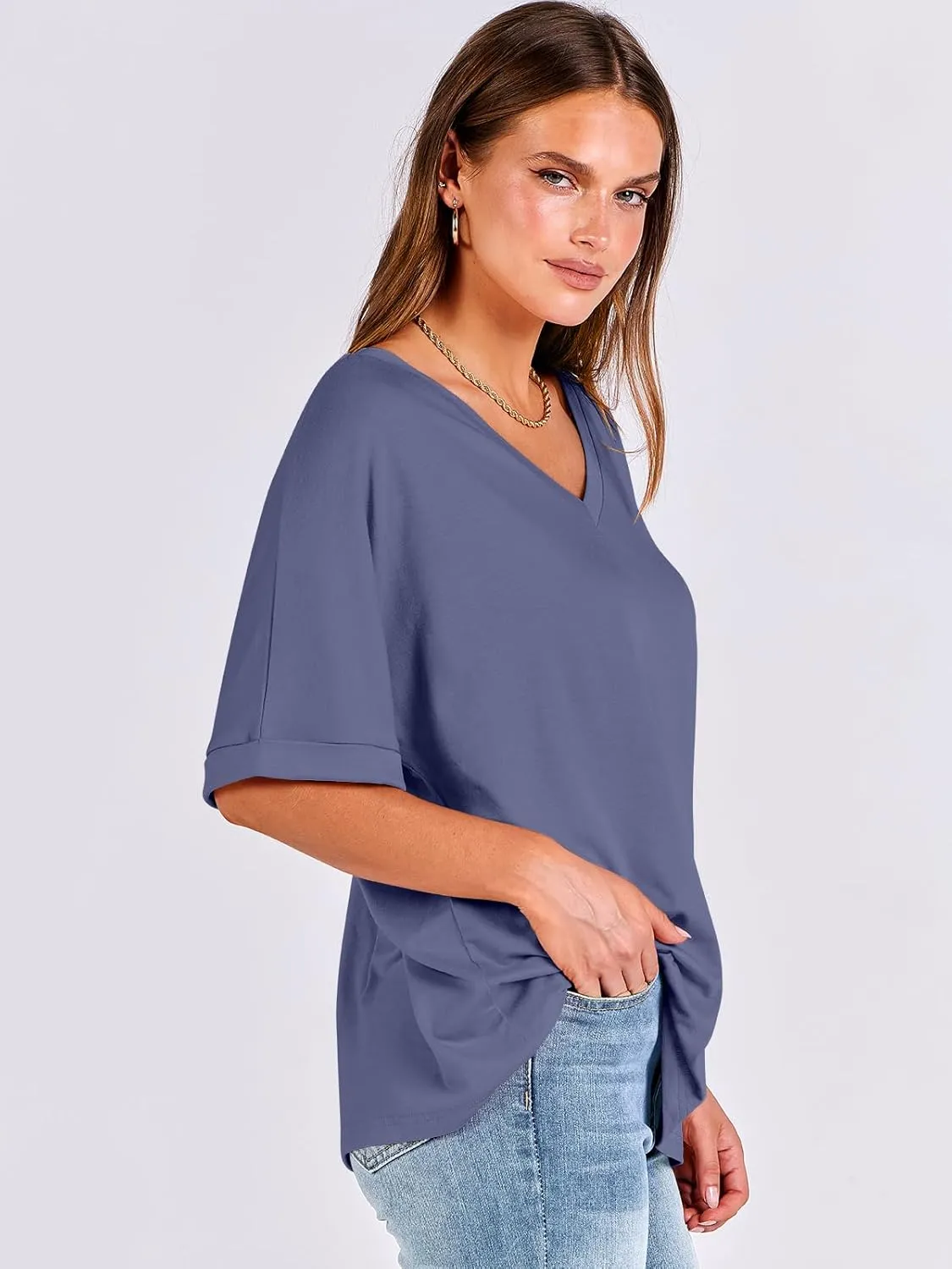 ANRABESS Women's Oversized T Shirts Short Sleeve V Neck Summer Tops Casual Loose Basic Plain Tee Shirts 2025 Clothes Outfits