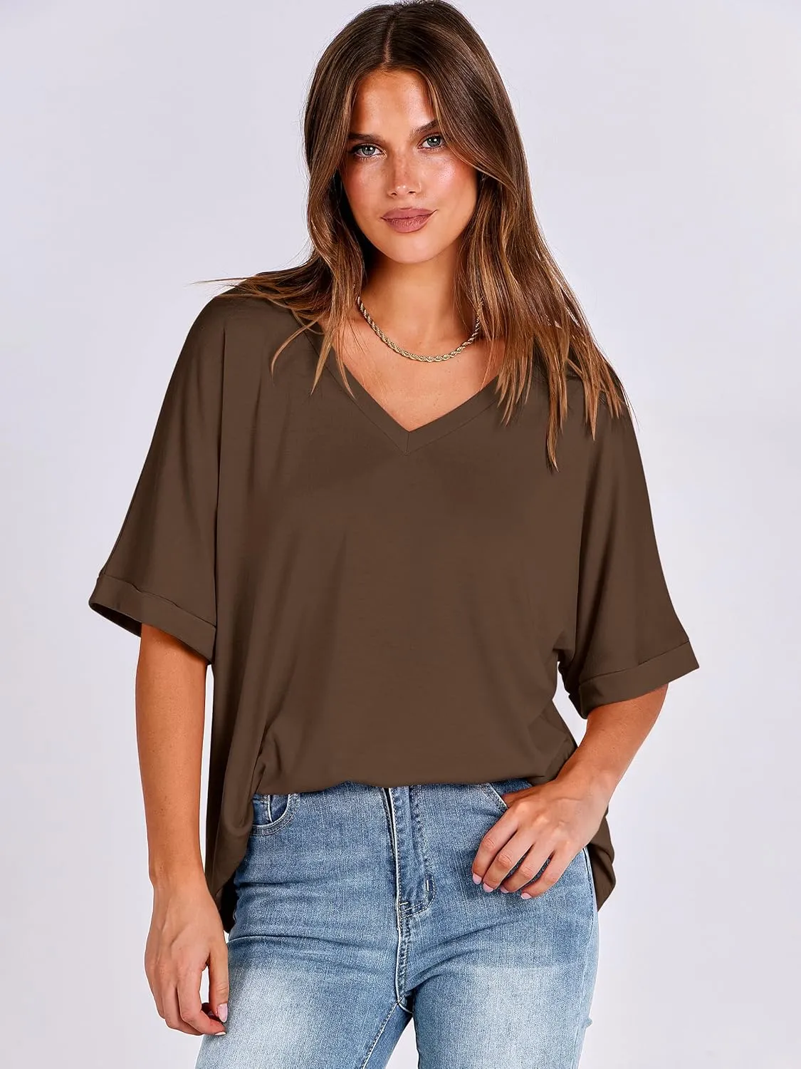 ANRABESS Women's Oversized T Shirts Short Sleeve V Neck Summer Tops Casual Loose Basic Plain Tee Shirts 2025 Clothes Outfits