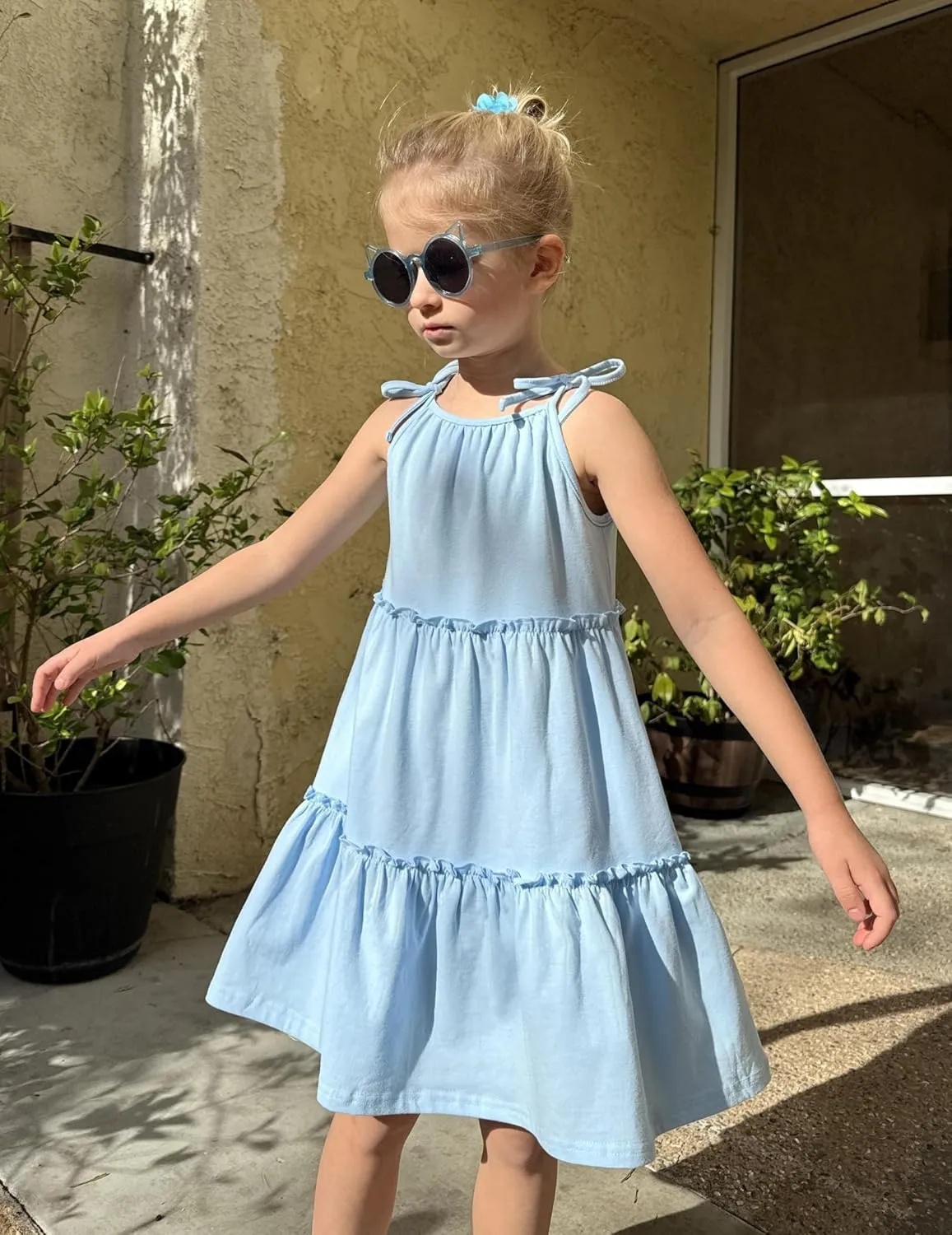Arshiner Girl Summer Dresses Tween Boho Spaghetti Strap A-Line Swing Flowy Ruffle Tiered Sundress with Pockets