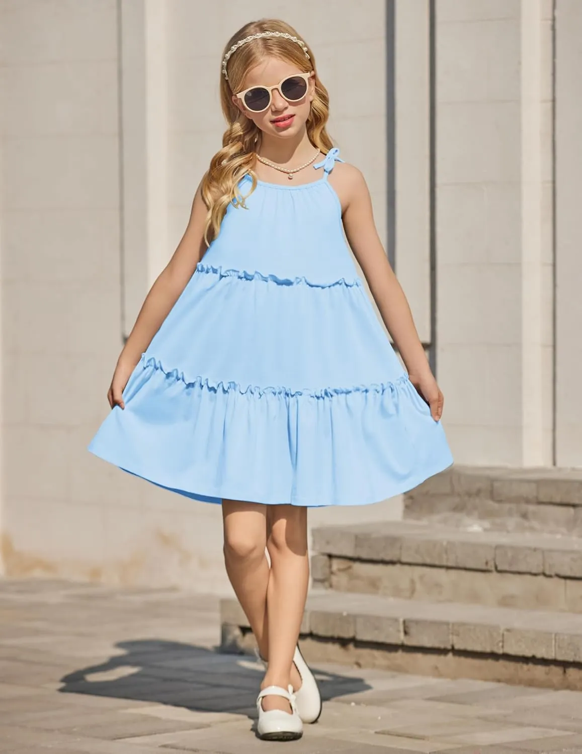 Arshiner Girl Summer Dresses Tween Boho Spaghetti Strap A-Line Swing Flowy Ruffle Tiered Sundress with Pockets