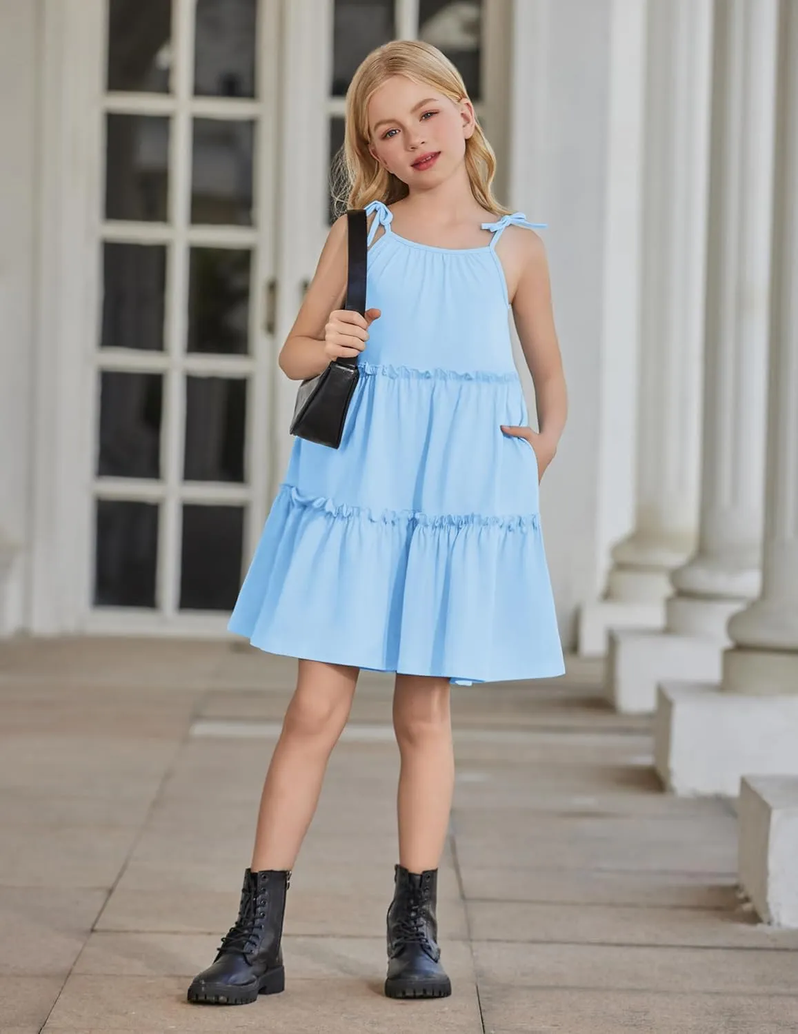 Arshiner Girl Summer Dresses Tween Boho Spaghetti Strap A-Line Swing Flowy Ruffle Tiered Sundress with Pockets