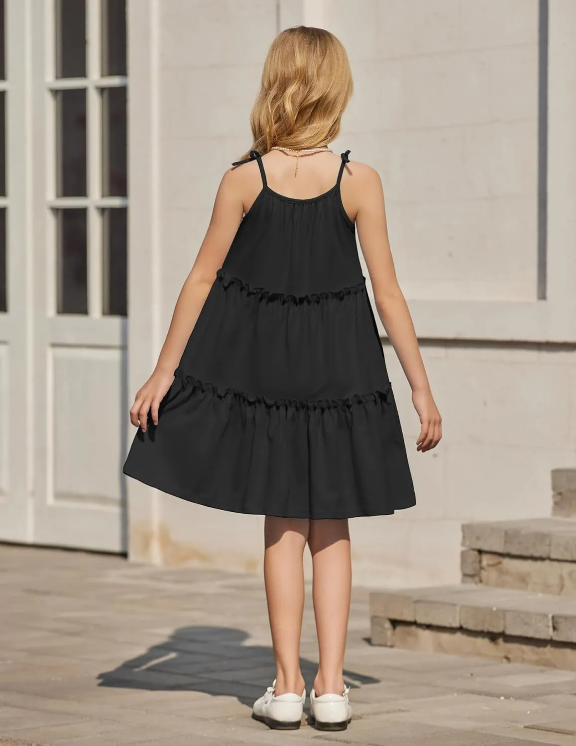 Arshiner Girl Summer Dresses Tween Boho Spaghetti Strap A-Line Swing Flowy Ruffle Tiered Sundress with Pockets
