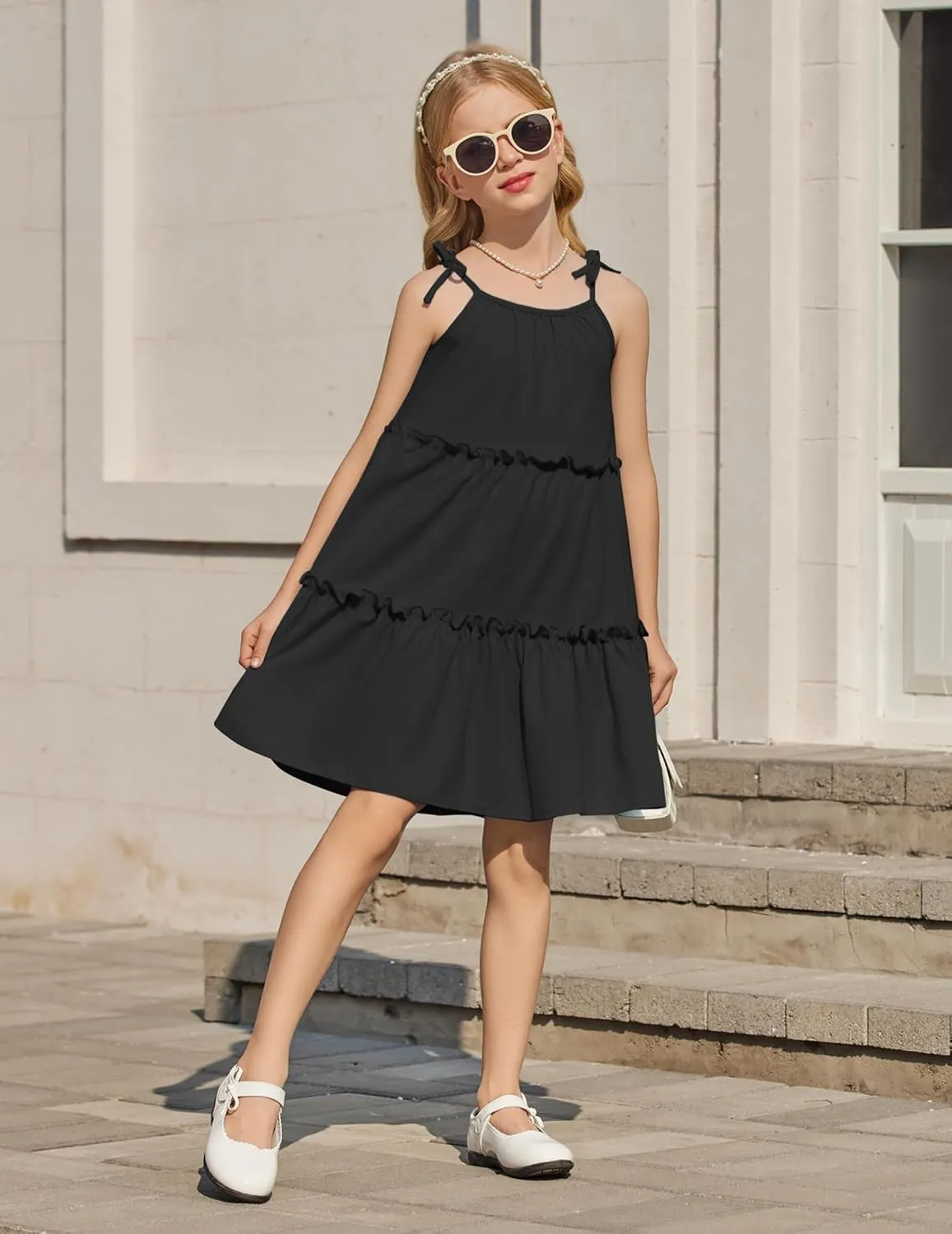 Arshiner Girl Summer Dresses Tween Boho Spaghetti Strap A-Line Swing Flowy Ruffle Tiered Sundress with Pockets