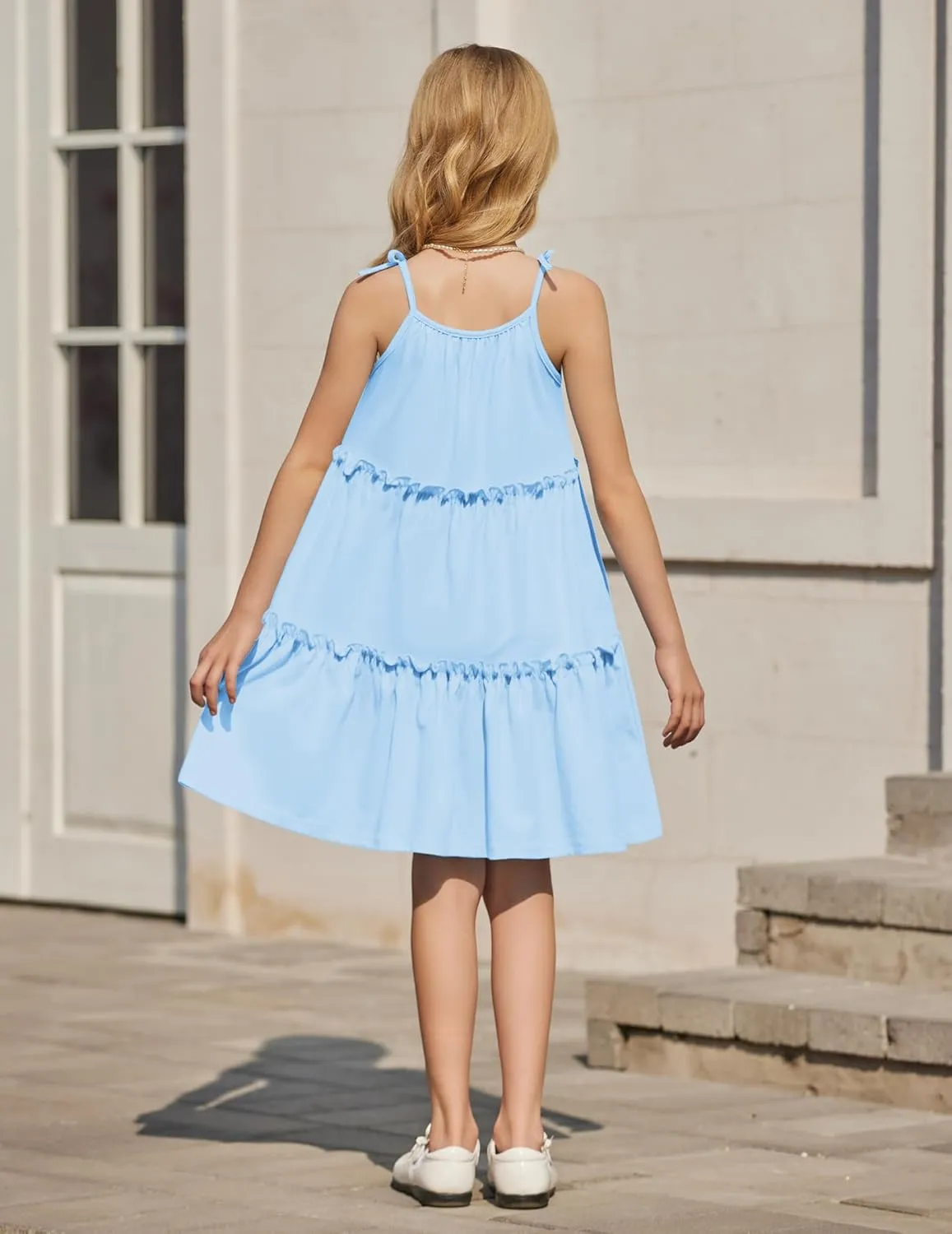 Arshiner Girl Summer Dresses Tween Boho Spaghetti Strap A-Line Swing Flowy Ruffle Tiered Sundress with Pockets