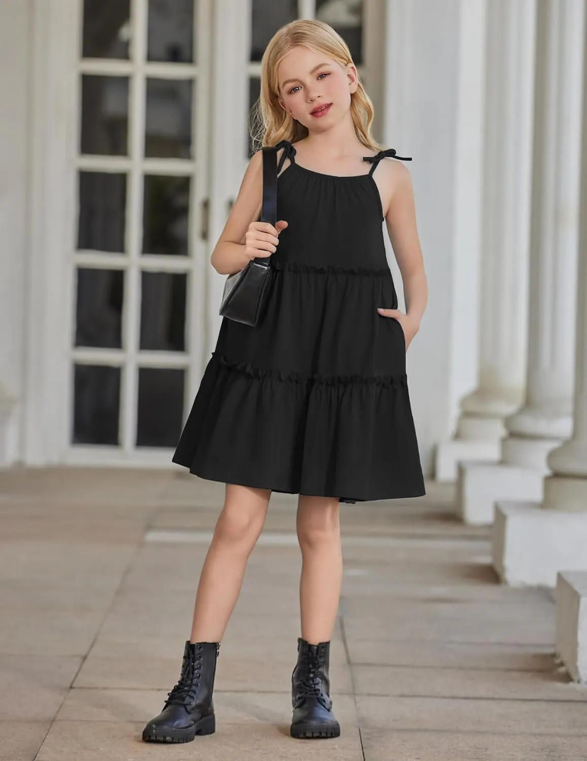 Arshiner Girl Summer Dresses Tween Boho Spaghetti Strap A-Line Swing Flowy Ruffle Tiered Sundress with Pockets