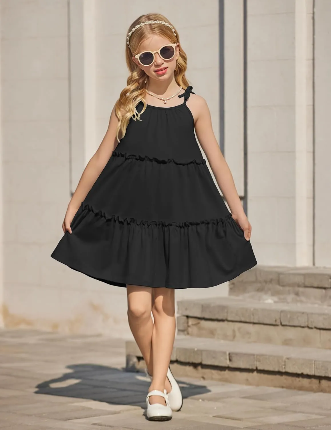 Arshiner Girl Summer Dresses Tween Boho Spaghetti Strap A-Line Swing Flowy Ruffle Tiered Sundress with Pockets