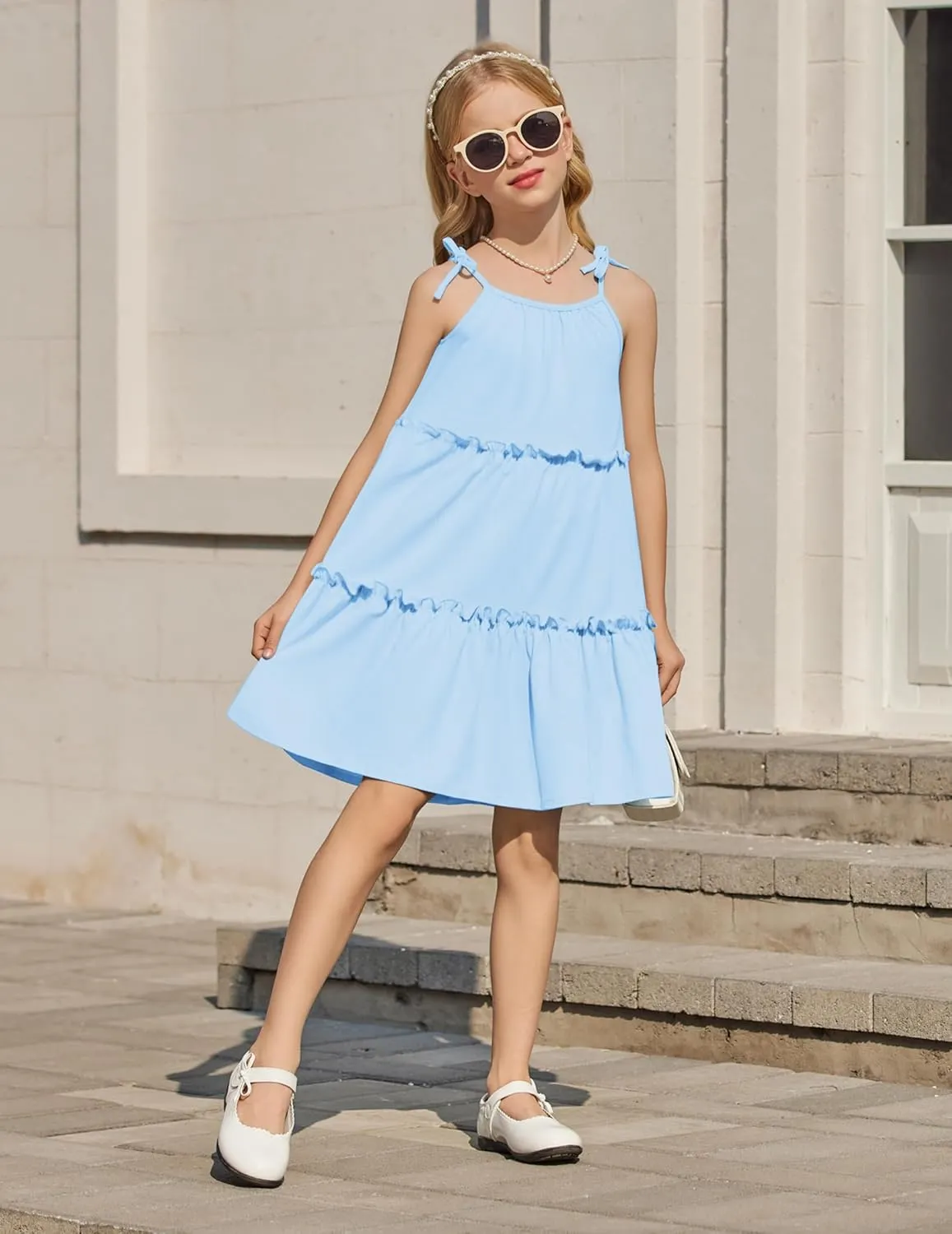 Arshiner Girl Summer Dresses Tween Boho Spaghetti Strap A-Line Swing Flowy Ruffle Tiered Sundress with Pockets