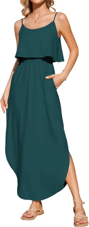 AUSELILY Womens Summer Dresses 2025 Adjustable Strappy Beach Sundress Casual Midi Dress with Pockets