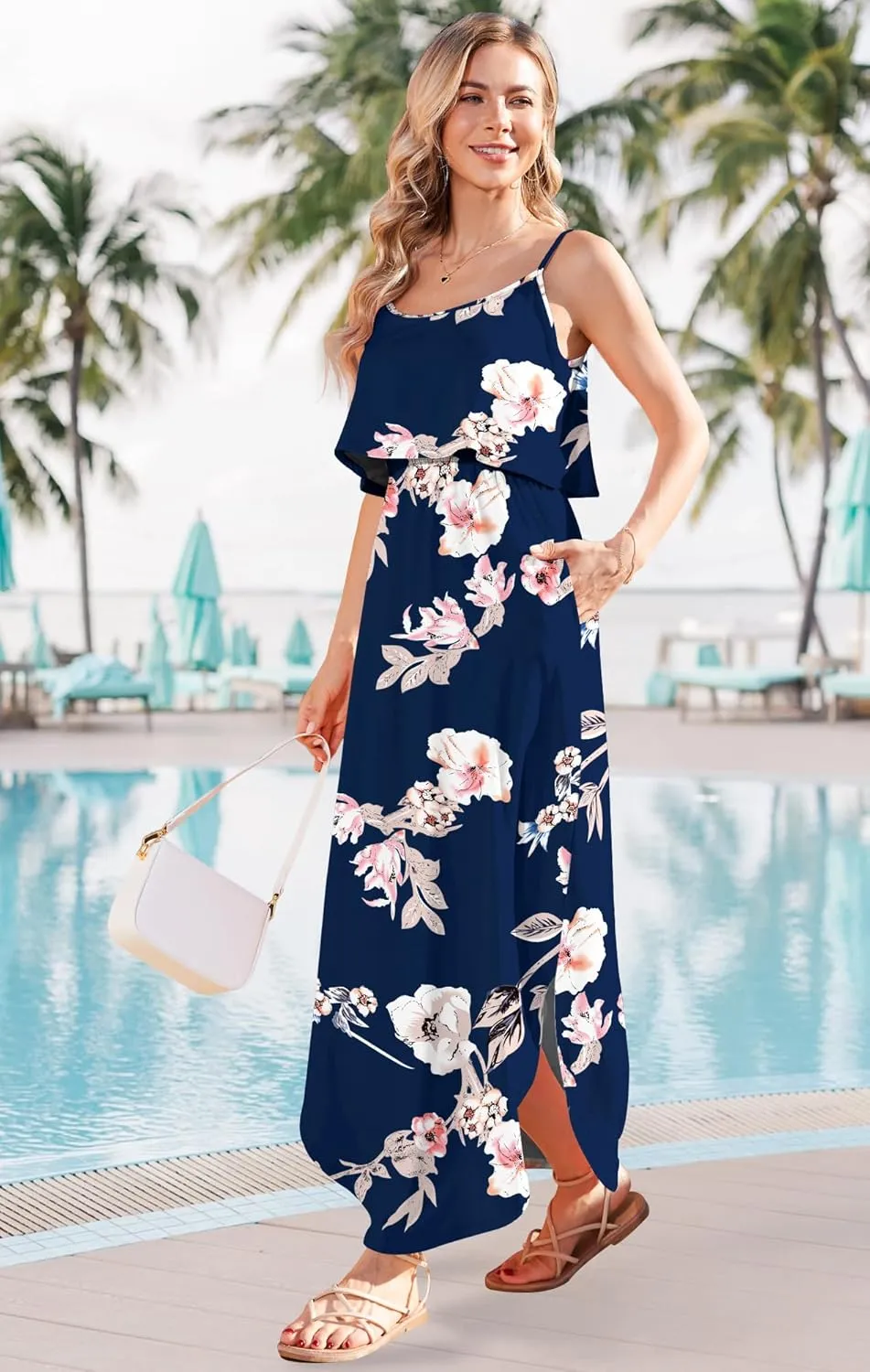 AUSELILY Womens Summer Dresses 2025 Adjustable Strappy Beach Sundress Casual Midi Dress with Pockets