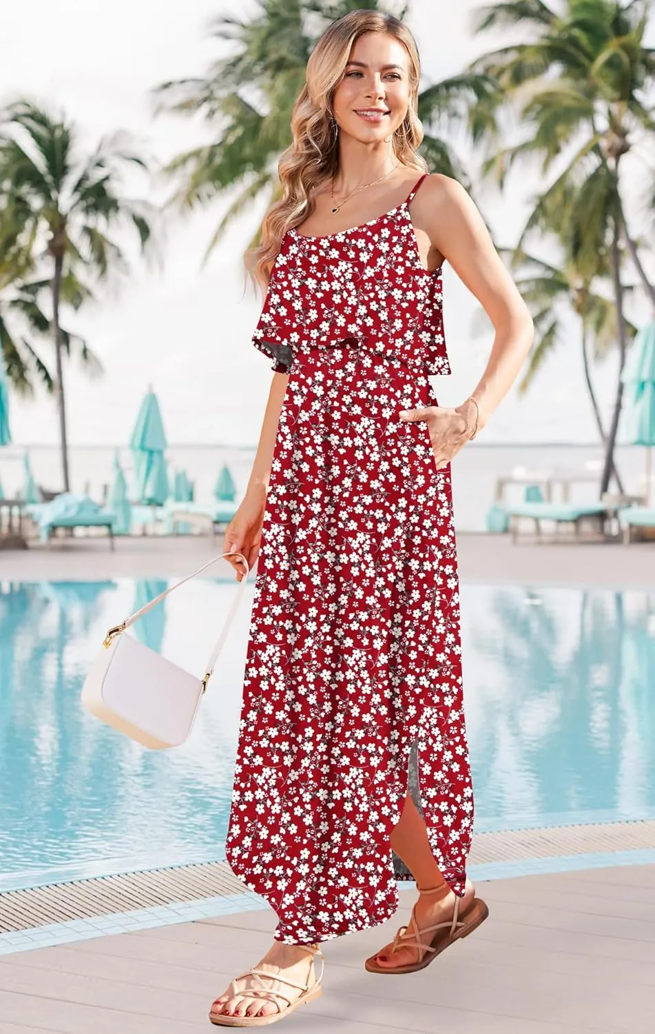 AUSELILY Womens Summer Dresses 2025 Adjustable Strappy Beach Sundress Casual Midi Dress with Pockets