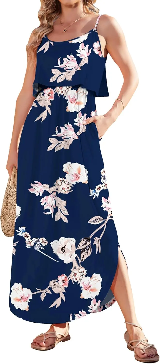 AUSELILY Womens Summer Dresses 2025 Adjustable Strappy Beach Sundress Casual Midi Dress with Pockets