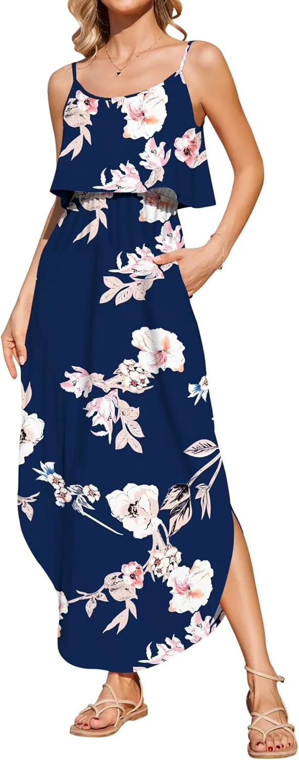 AUSELILY Womens Summer Dresses 2025 Adjustable Strappy Beach Sundress Casual Midi Dress with Pockets