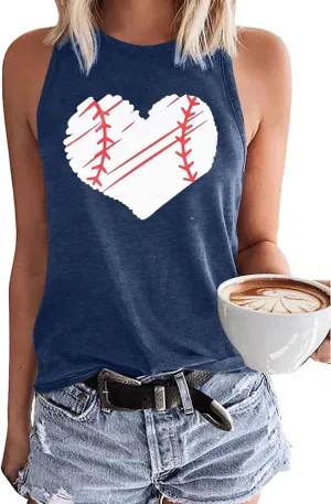 Baseball Tank Tops for Women Baseball Mom Shirt Baseball Heart Graphic Tee Game Day Gifts Casual Short Sleeve Tops