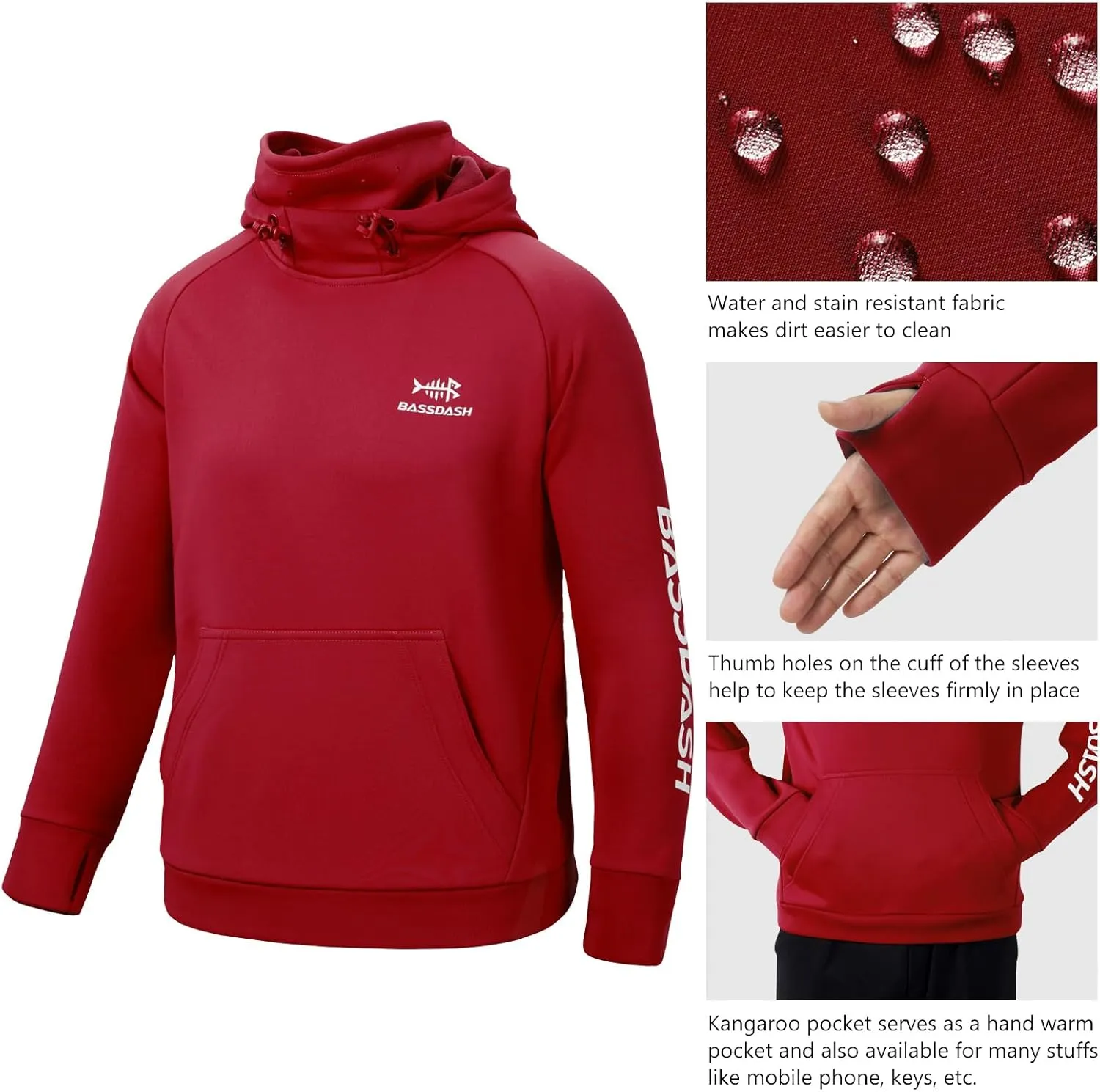 BASSDASH Youth Fishing Fleece Hoodie with Mask Water Resistant Kids Performance Sweatshirt FS18Y