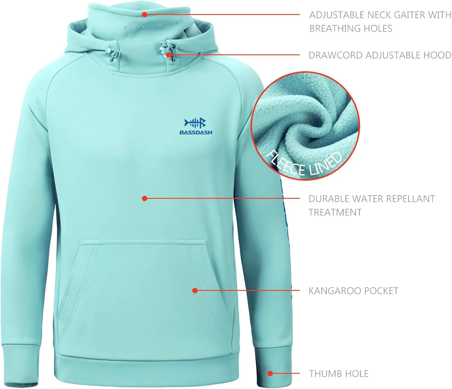 BASSDASH Youth Fishing Fleece Hoodie with Mask Water Resistant Kids Performance Sweatshirt FS18Y