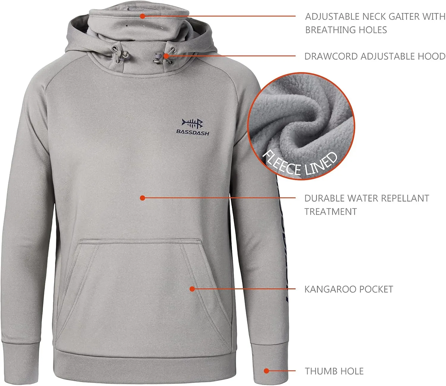 BASSDASH Youth Fishing Fleece Hoodie with Mask Water Resistant Kids Performance Sweatshirt FS18Y