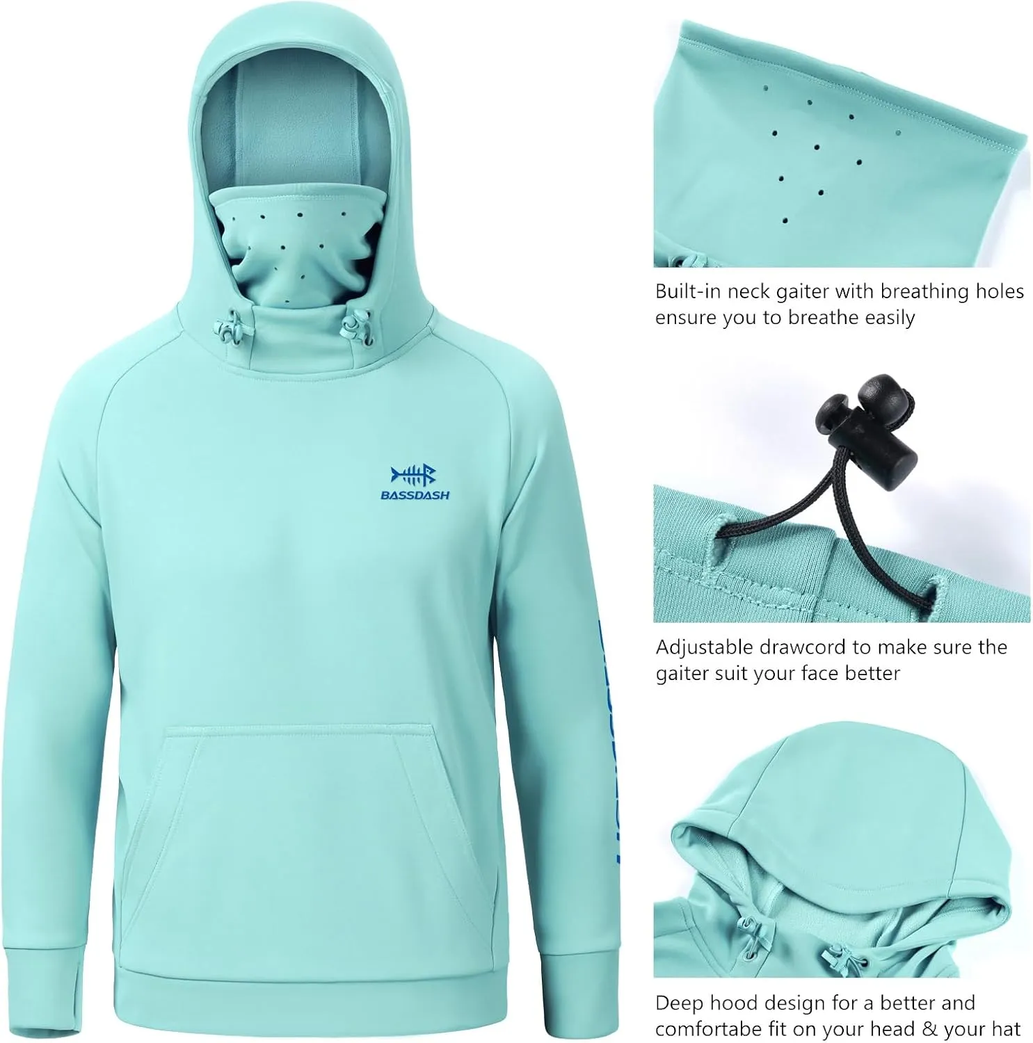 BASSDASH Youth Fishing Fleece Hoodie with Mask Water Resistant Kids Performance Sweatshirt FS18Y