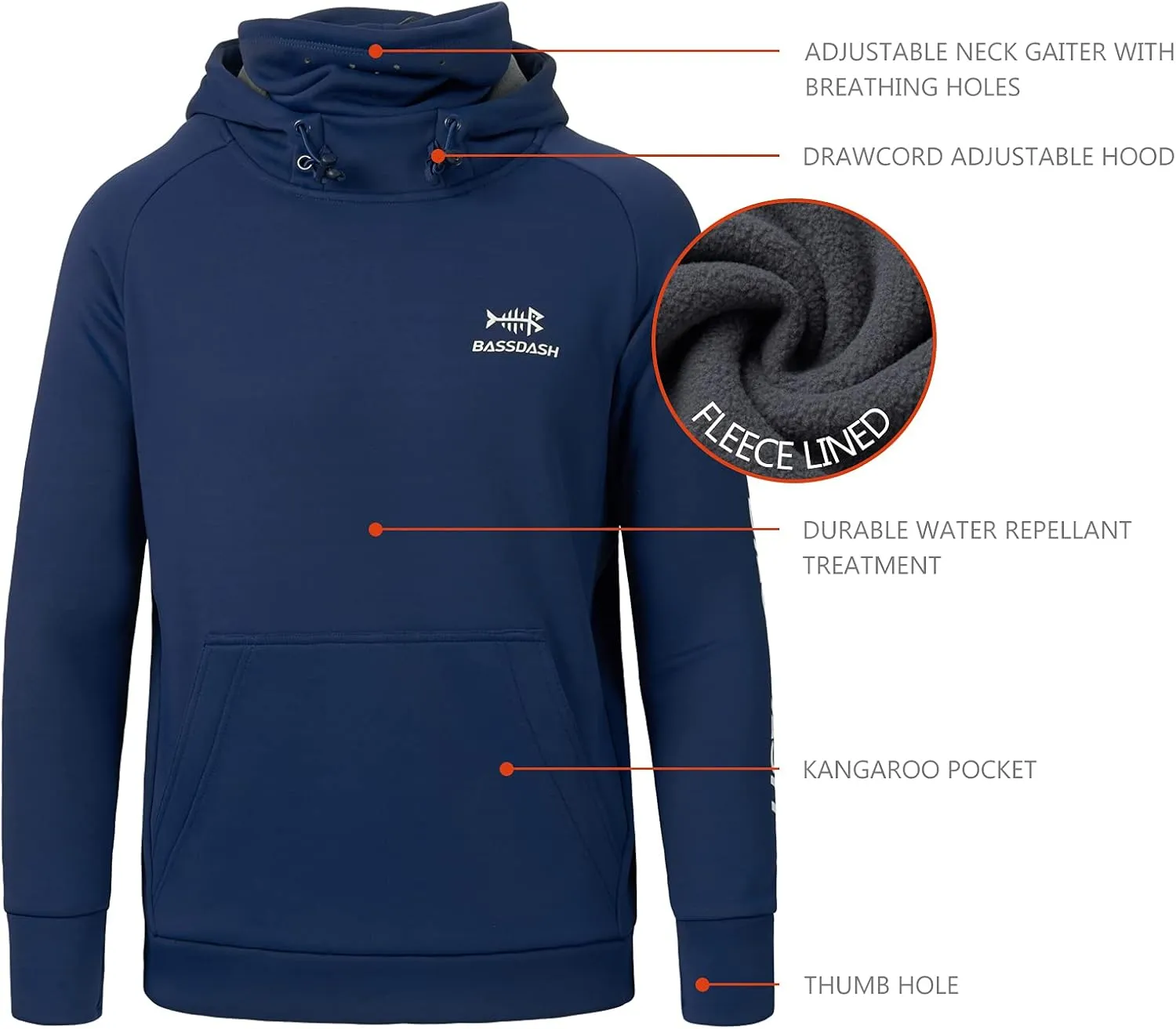 BASSDASH Youth Fishing Fleece Hoodie with Mask Water Resistant Kids Performance Sweatshirt FS18Y