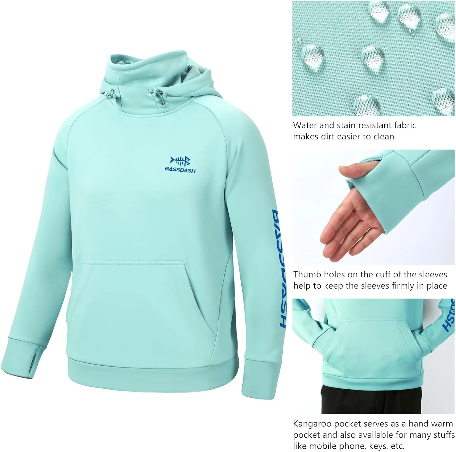 BASSDASH Youth Fishing Fleece Hoodie with Mask Water Resistant Kids Performance Sweatshirt FS18Y