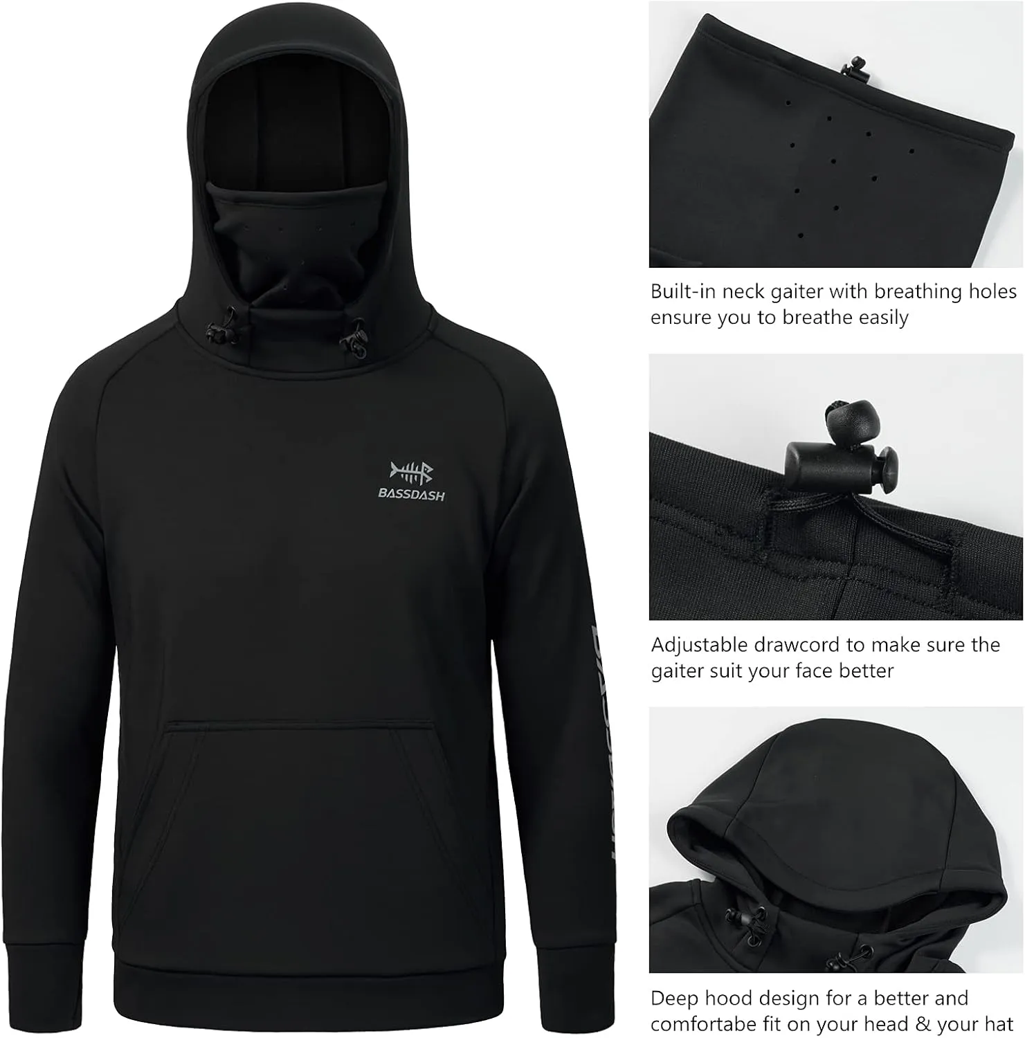 BASSDASH Youth Fishing Fleece Hoodie with Mask Water Resistant Kids Performance Sweatshirt FS18Y