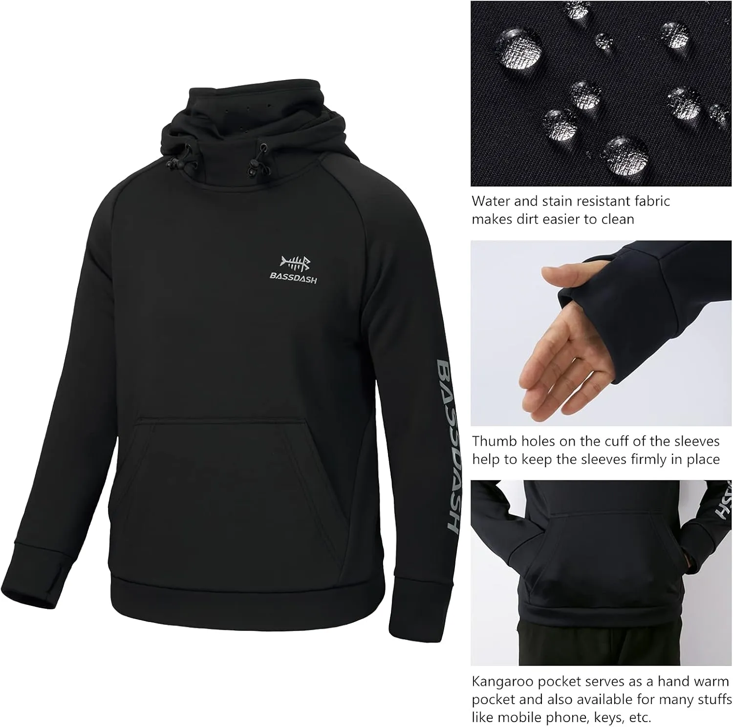 BASSDASH Youth Fishing Fleece Hoodie with Mask Water Resistant Kids Performance Sweatshirt FS18Y