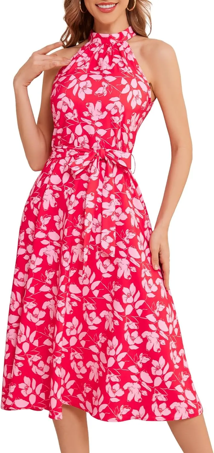 Bbonlinedress Women Halter Summer Floral Sundress Midi Casual Beach Vacation Flowy Boho 2025 Dress