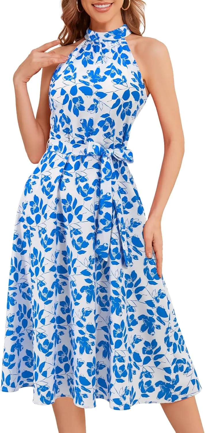 Bbonlinedress Women Halter Summer Floral Sundress Midi Casual Beach Vacation Flowy Boho 2025 Dress