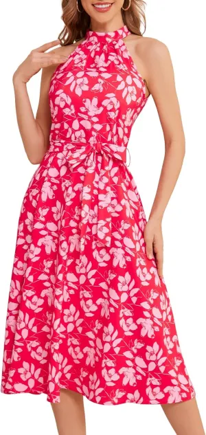 Bbonlinedress Women Halter Summer Floral Sundress Midi Casual Beach Vacation Flowy Boho 2025 Dress