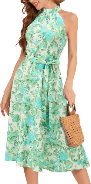 Bbonlinedress Women Halter Summer Floral Sundress Midi Casual Beach Vacation Flowy Boho 2025 Dress