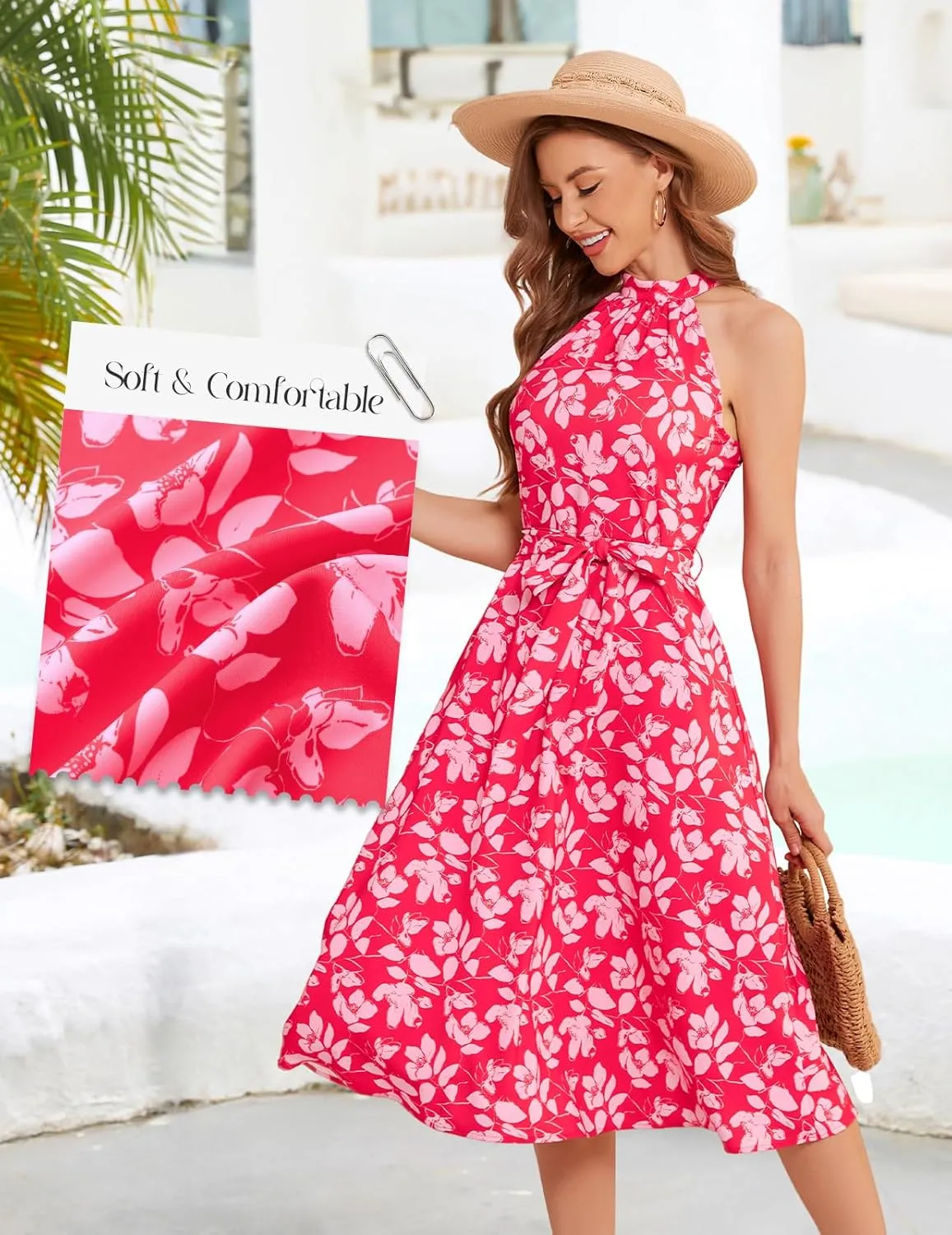 Bbonlinedress Women Halter Summer Floral Sundress Midi Casual Beach Vacation Flowy Boho 2025 Dress