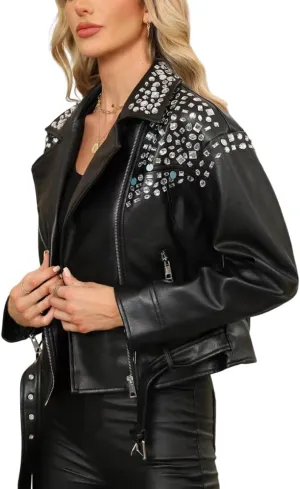 Bellivera Women's Faux Leather Jacket Studded Rivet Casual Short Moto Biker Stand Collar Coat