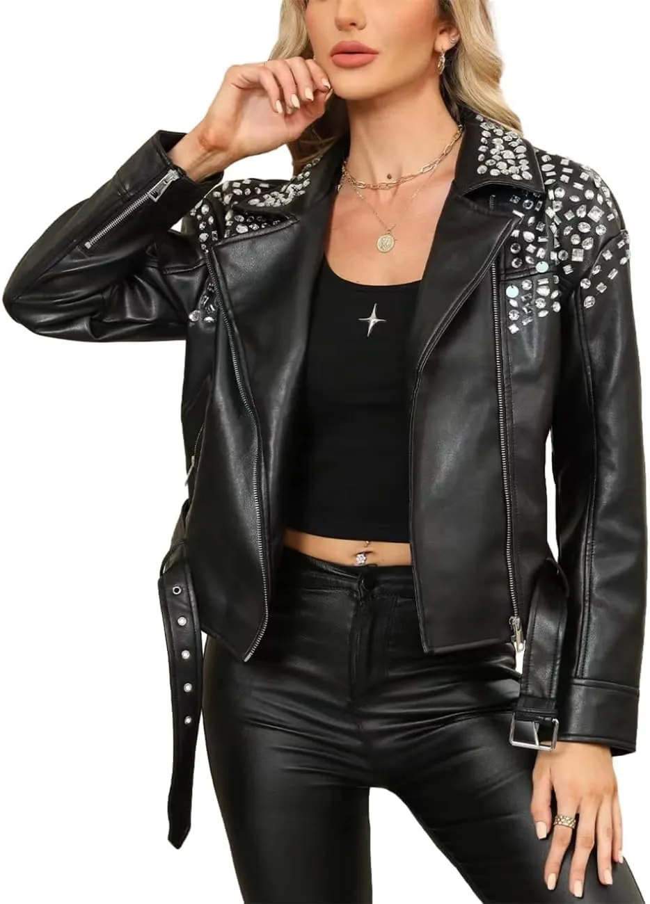 Bellivera Women's Faux Leather Jacket Studded Rivet Casual Short Moto Biker Stand Collar Coat