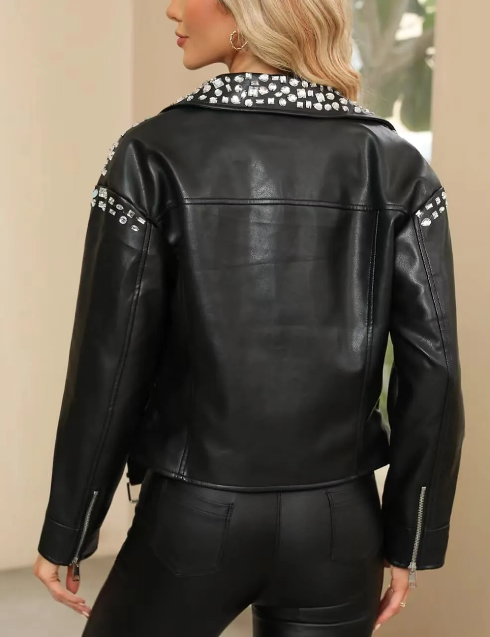 Bellivera Women's Faux Leather Jacket Studded Rivet Casual Short Moto Biker Stand Collar Coat