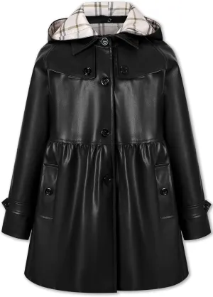 Betusline Kids Girls PU Faux Leather Trench Coat Hooded Winter Outwear Jackets, 2-14 Years
