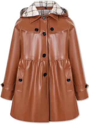 Betusline Kids Girls PU Faux Leather Trench Coat Hooded Winter Outwear Jackets, 2-14 Years